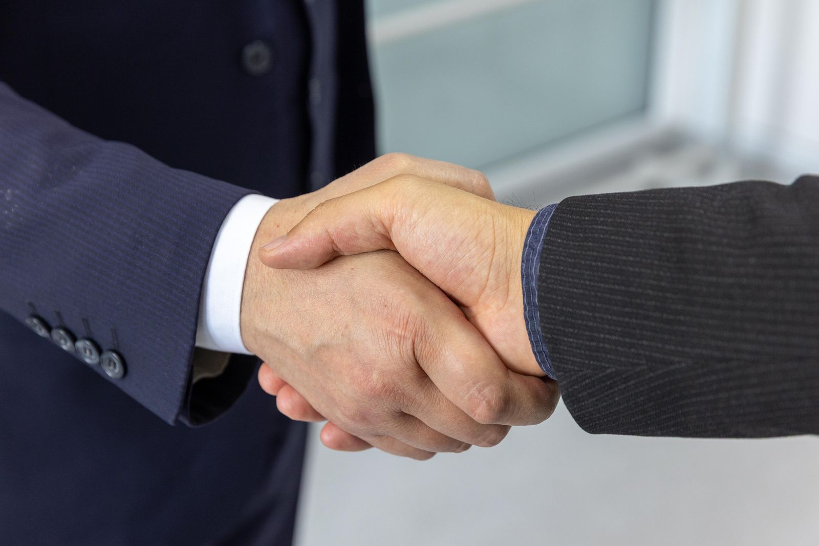 Business professionals shaking hands after reaching an agreement